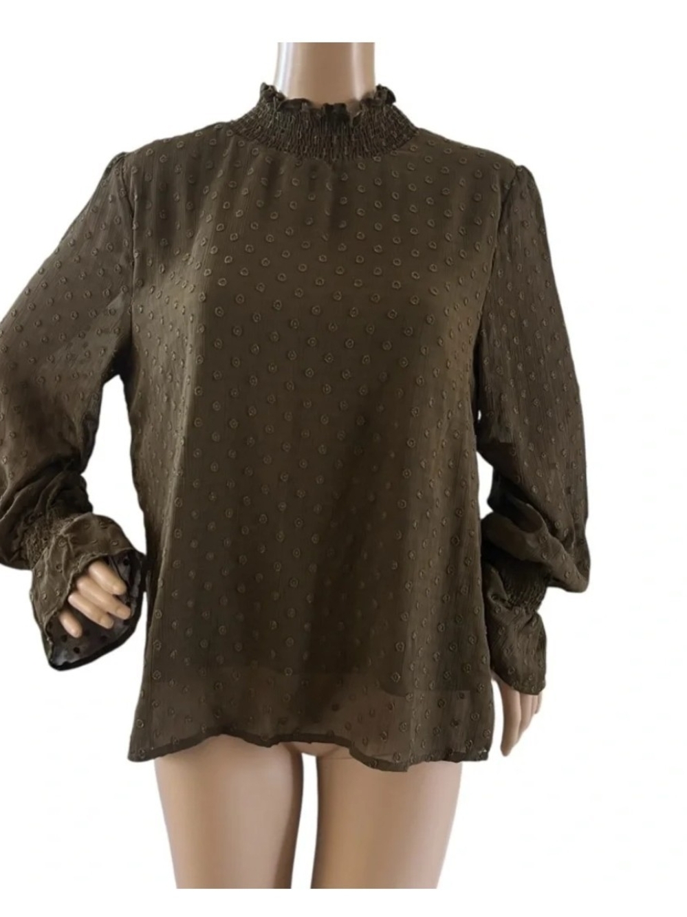Roolee Olive Green Smocked Ruffle Neck Swiss Dot Blouse